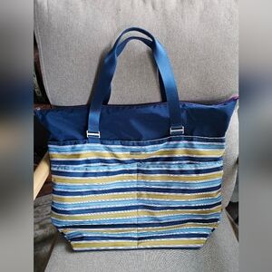Baggallini Duffel Tote Travel Bag Blue Yellow Stripes Moss $98 MSRP